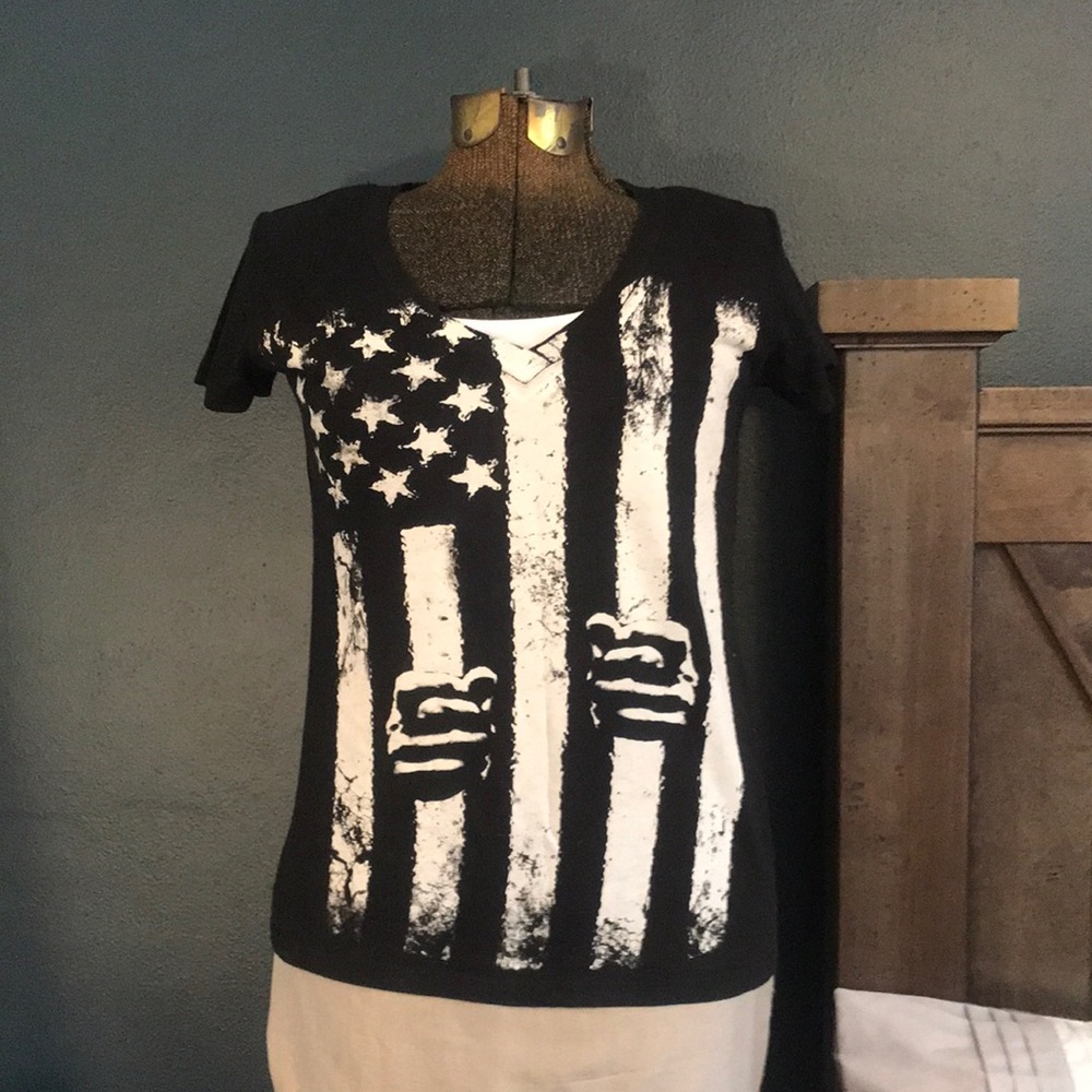 Punk Black Graphic Tee American Flag Prisoner Sz S